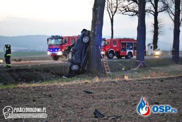 22-latek zginął w wypadku. Saab zatrzymał się pionowo na drzewie.