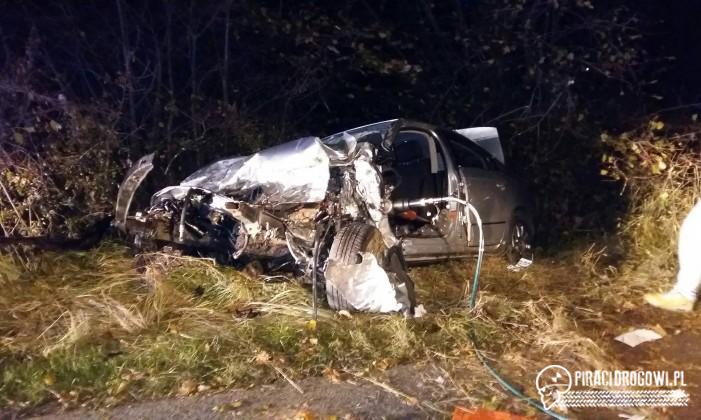 Kierowca zakleszczony po wypadku. Silnik wypadł na pole.