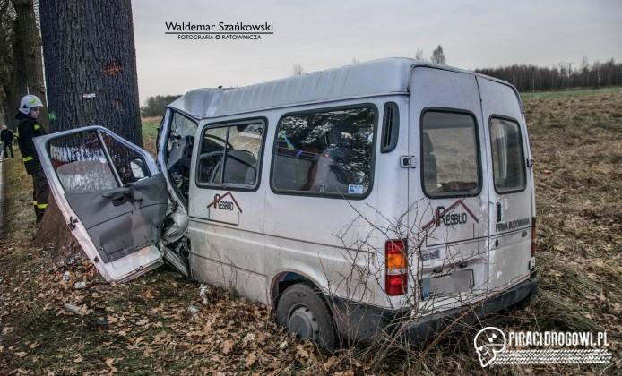 Bus rozbił się na drzewie pod Jędrzychowem. Kierowca został zakleszczony.