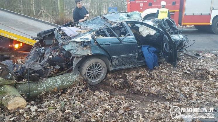 Ten wrak to BMW. Kierowca ściął drzewo i wypadł z rozbitego auta!